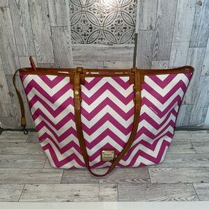 Dooney & Bourke Hot Pink and White Chevron Tote with Leather Trim